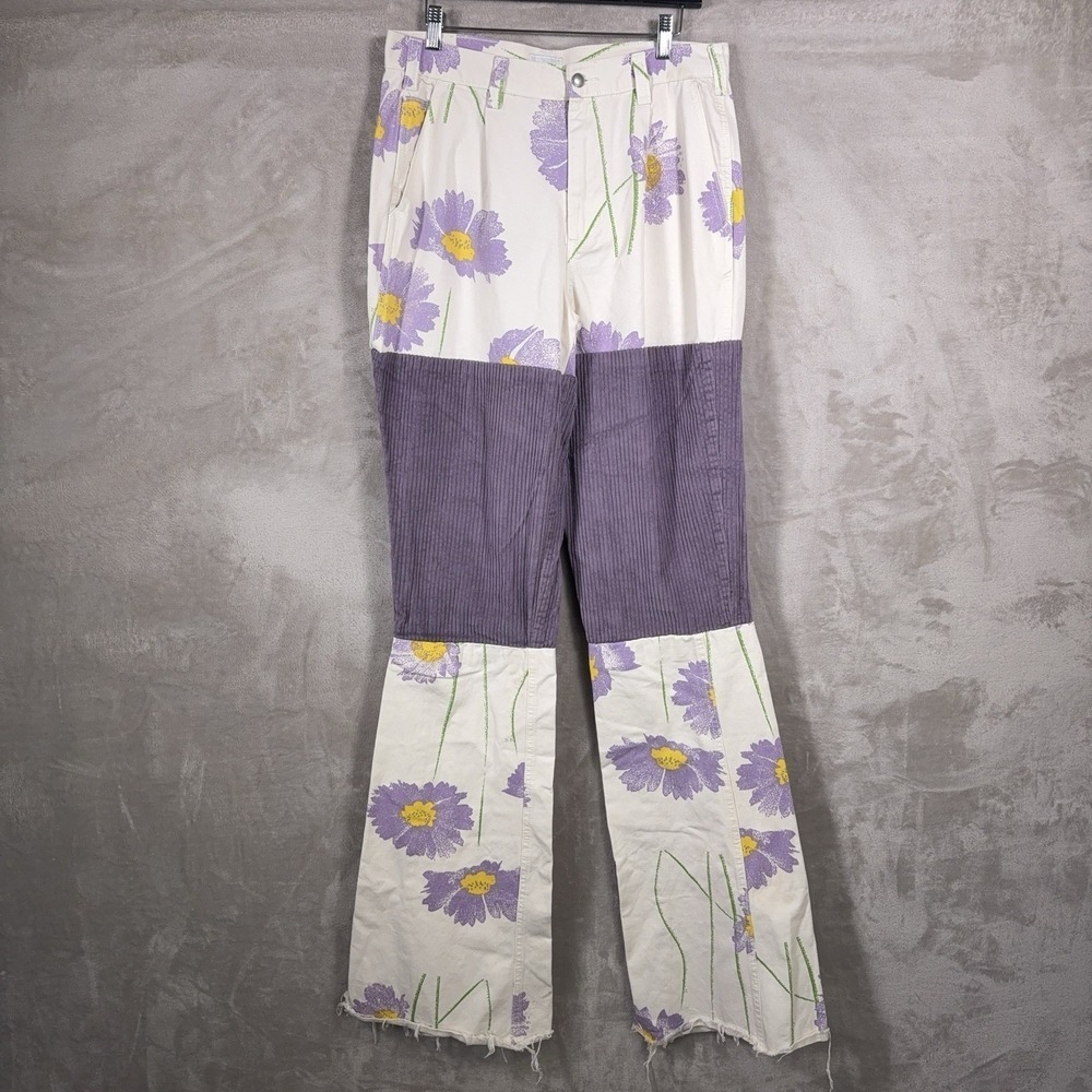 Obey Pants Mens 32x39 Floral Patchwork Corduroy Flare Raw Hem Y2K Streetwear